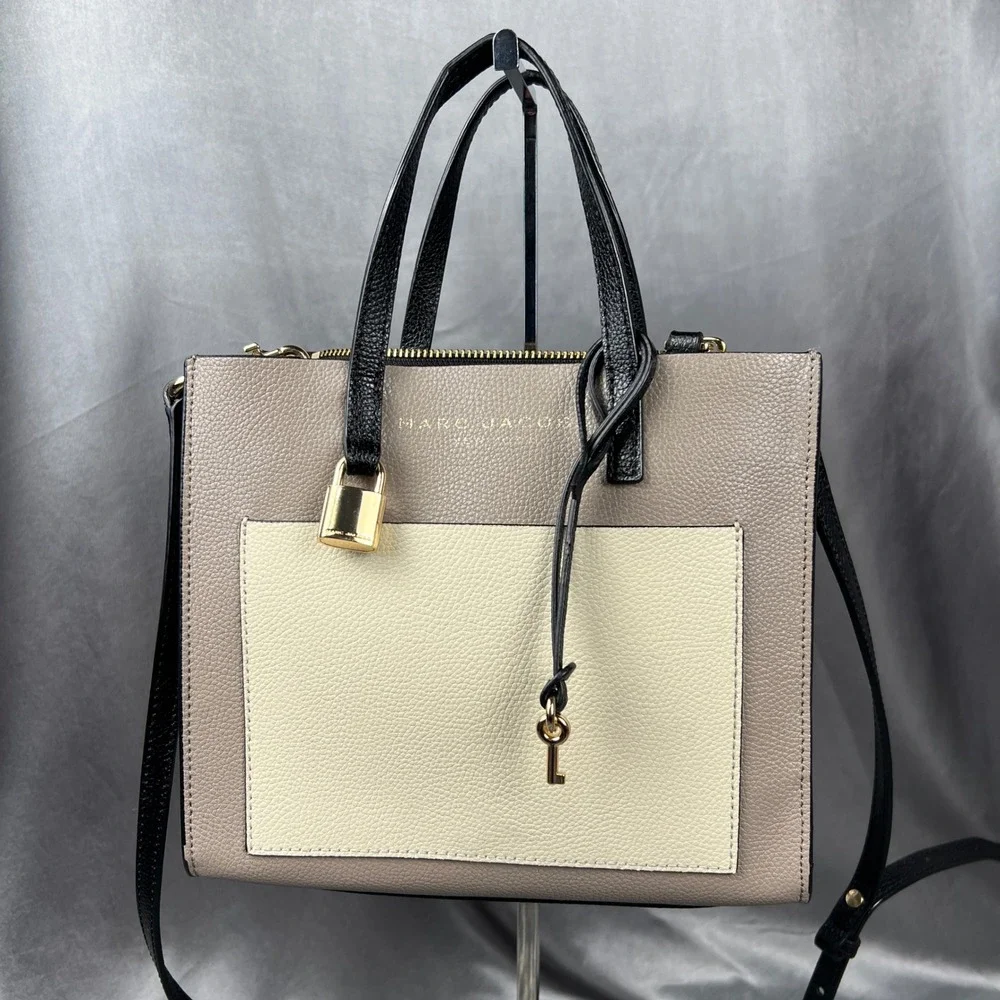 Marc Jacobs Mini Grind‎ Lock Key Tote Bag Beige Leather Top Handle Crossbody 13”